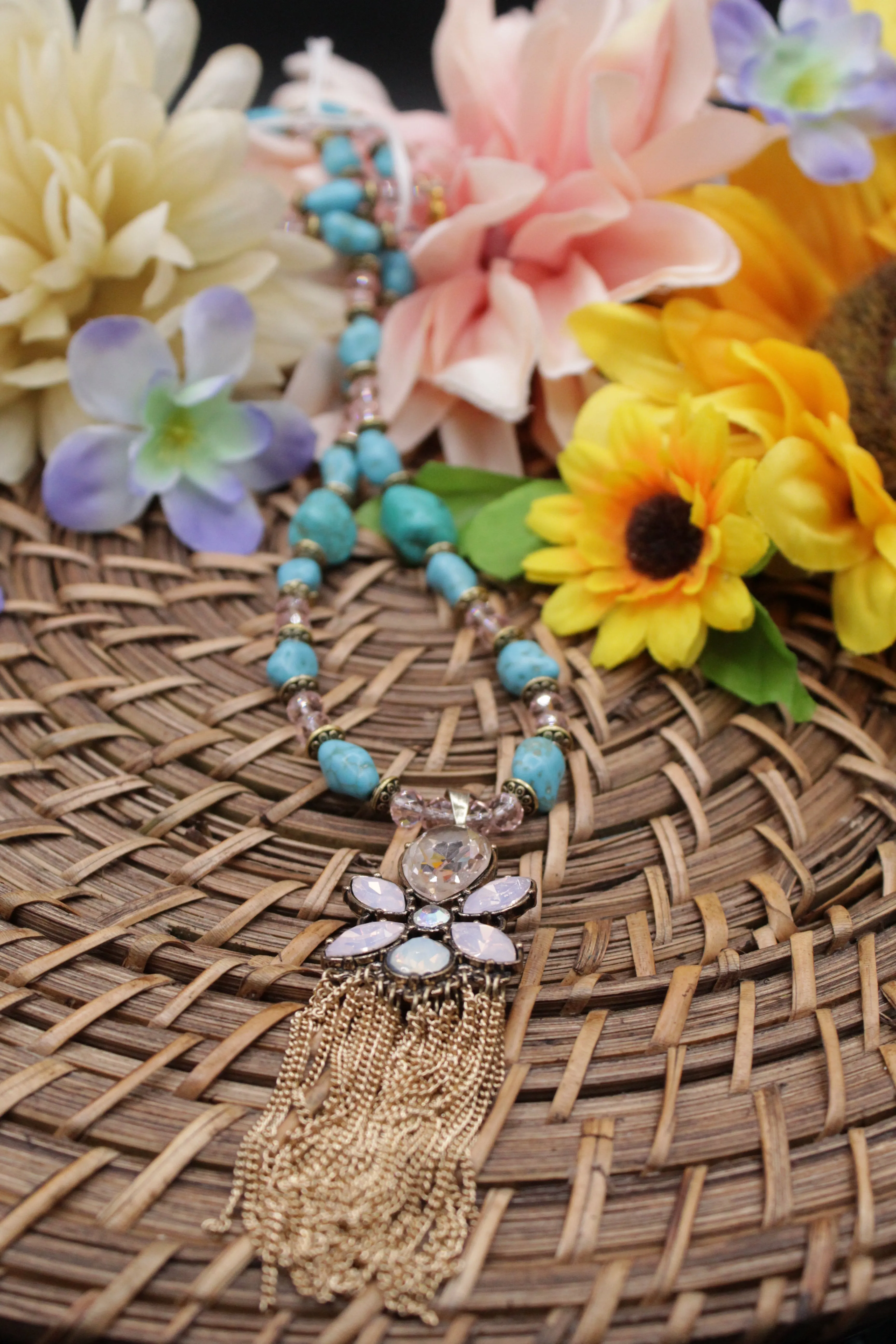 Pink tassel/turquoise necklace