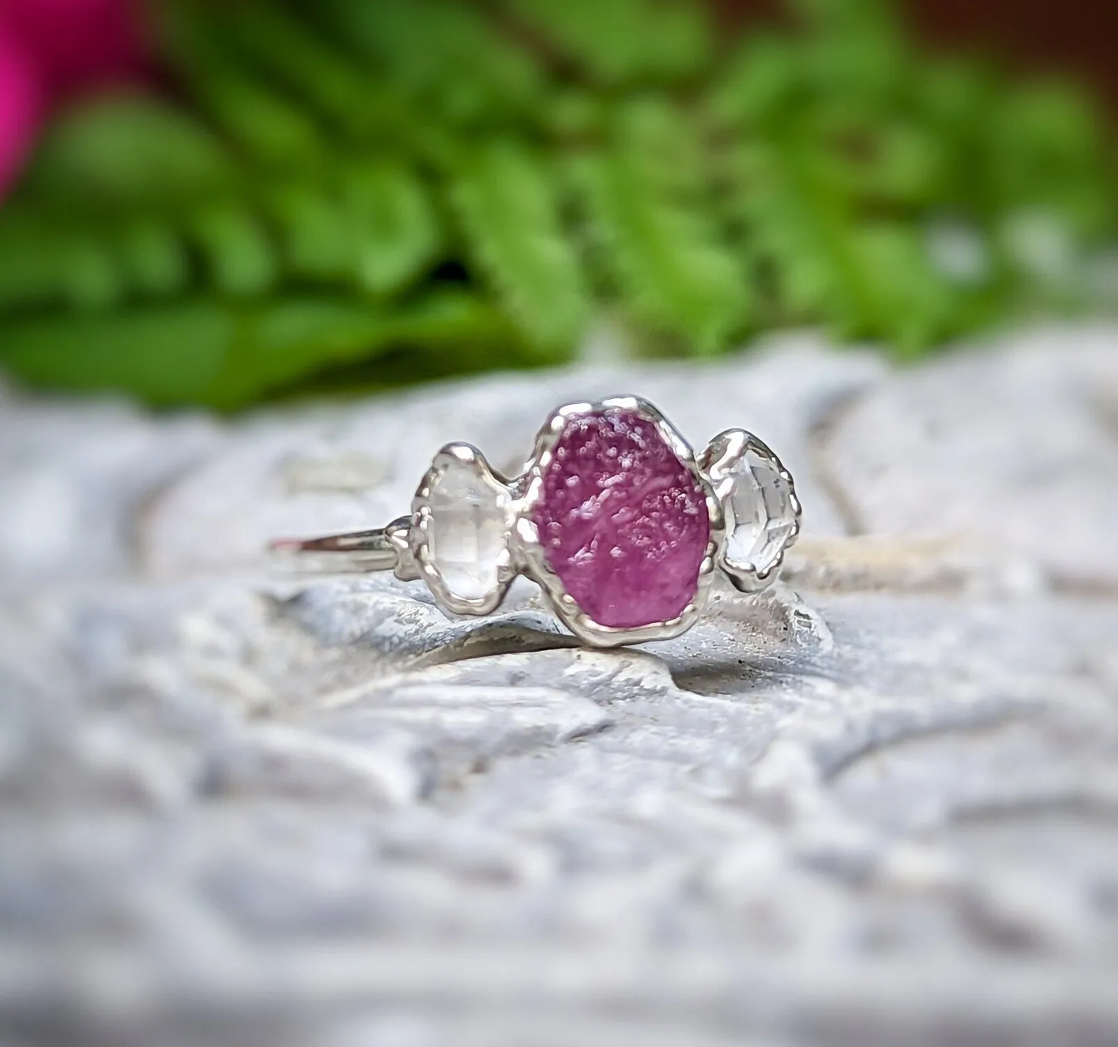 Raw pink Sapphire and Herkimer diamond engagement ring