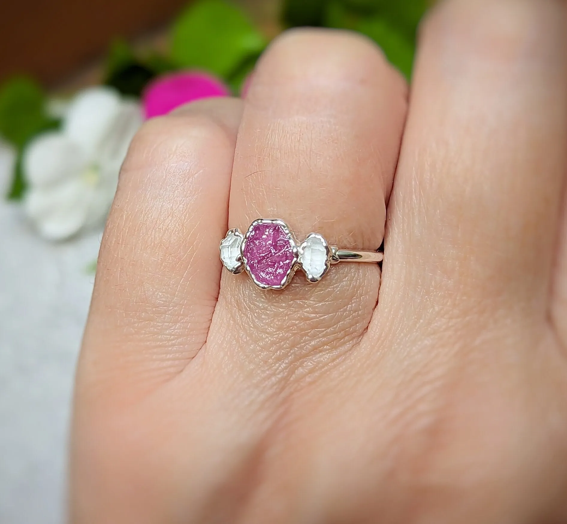 Raw pink Sapphire and Herkimer diamond engagement ring