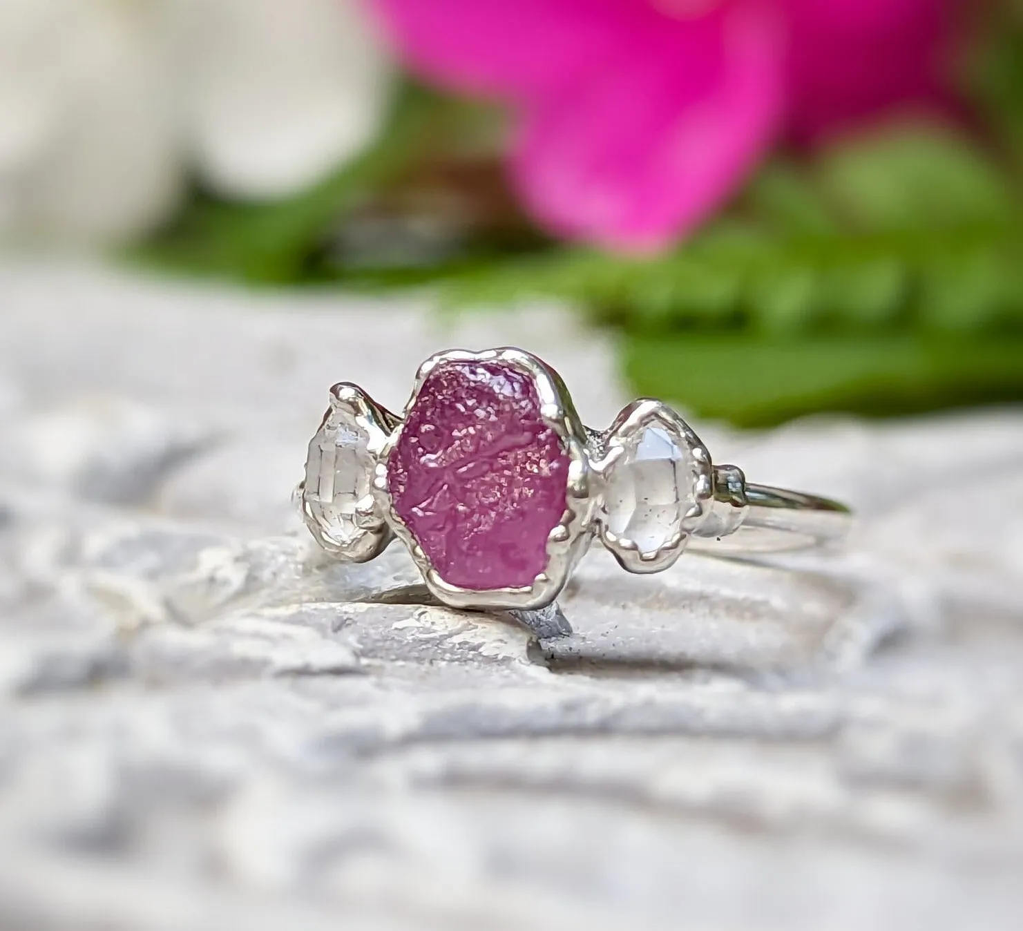 Raw pink Sapphire and Herkimer diamond engagement ring