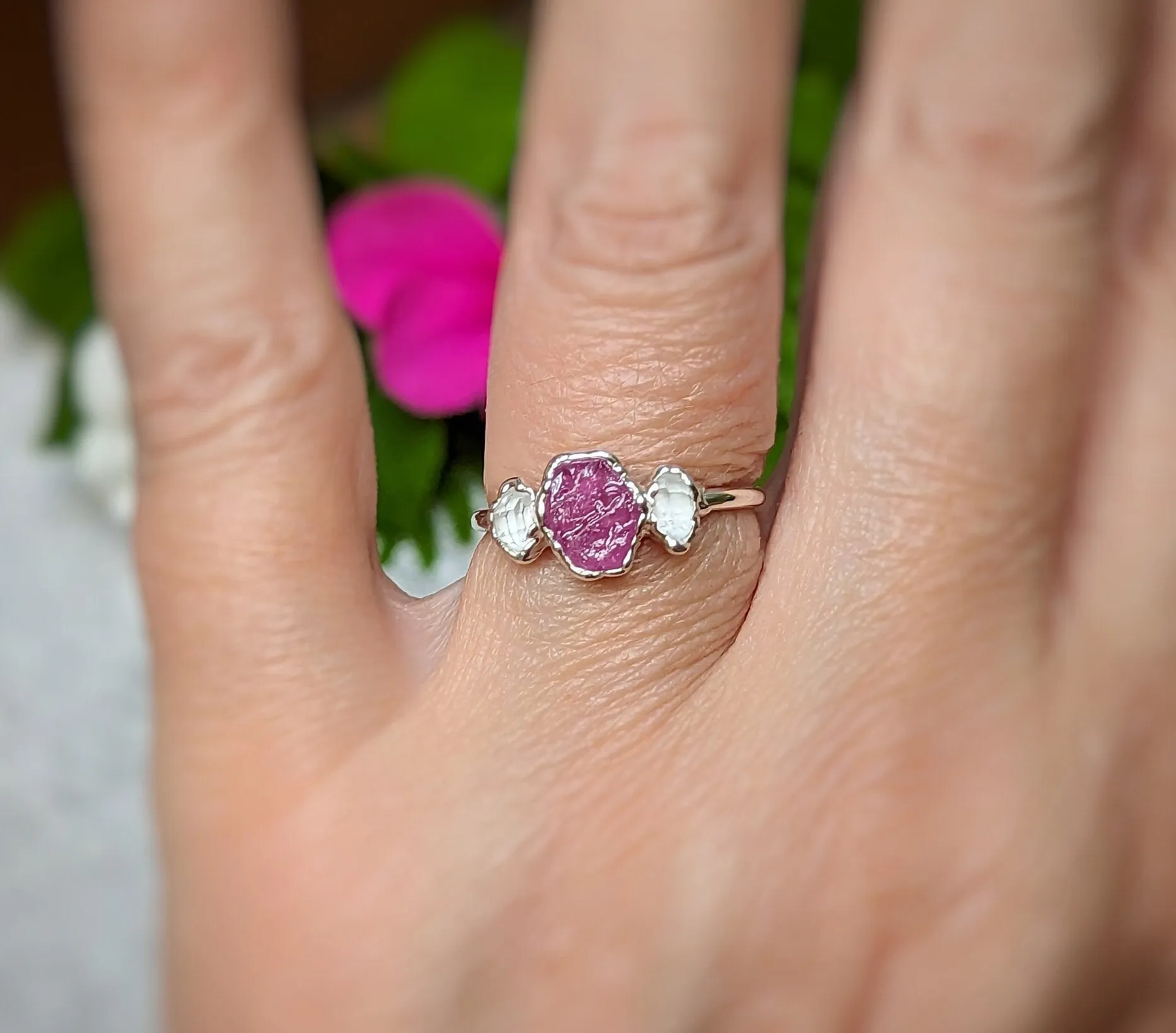 Raw pink Sapphire and Herkimer diamond engagement ring