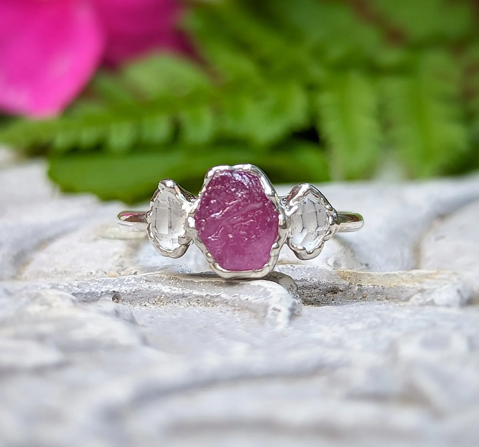 Raw pink Sapphire and Herkimer diamond engagement ring