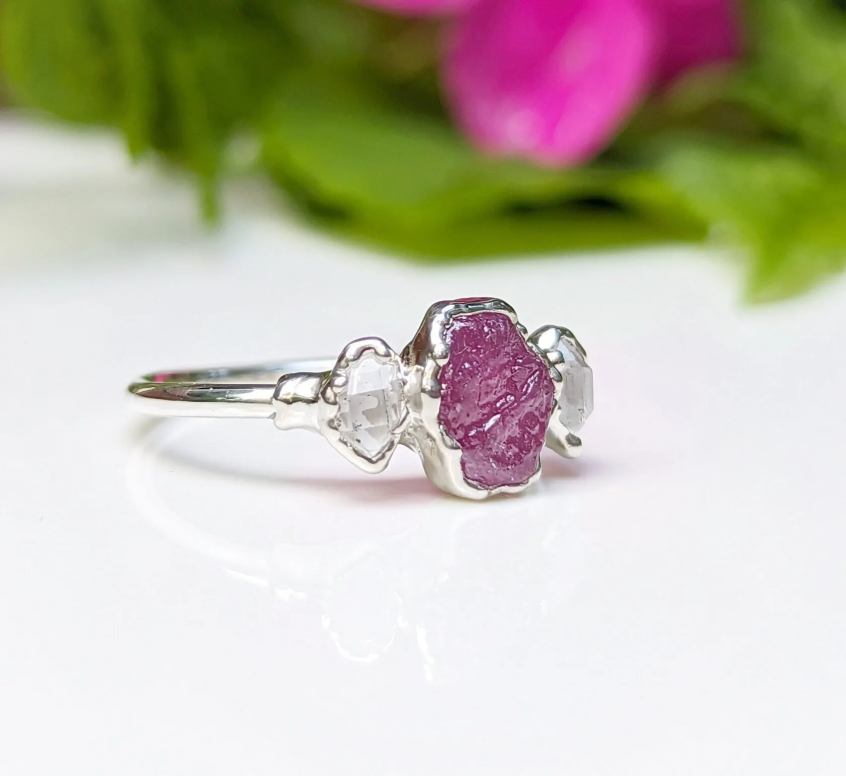 Raw pink Sapphire and Herkimer diamond engagement ring