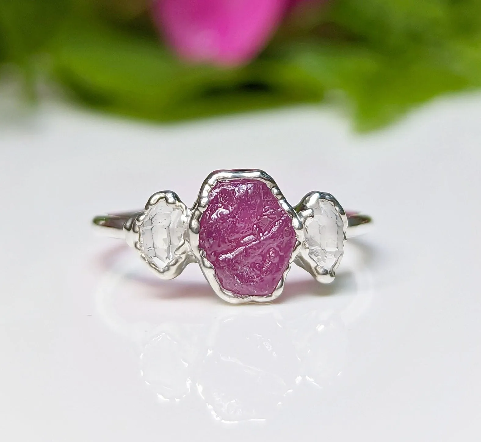 Raw pink Sapphire and Herkimer diamond engagement ring