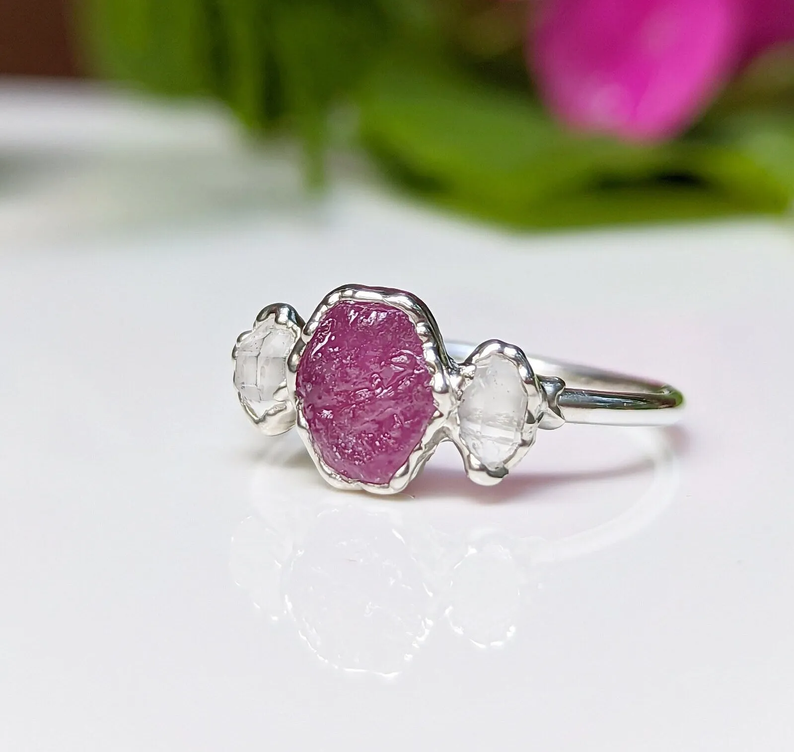 Raw pink Sapphire and Herkimer diamond engagement ring