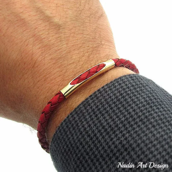 Red Braided Leather Cuff for Men - Mens Gift