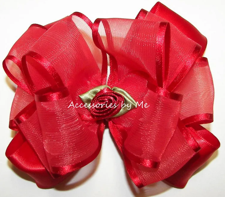 Red Organza Satin Floral Hair Bow