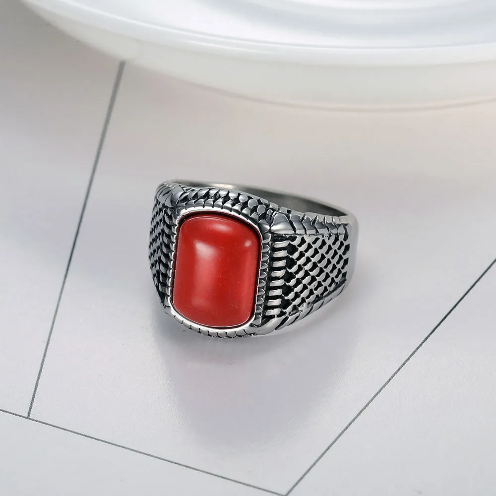 RED STONE GOTHIC DESIGN SIGNET RING