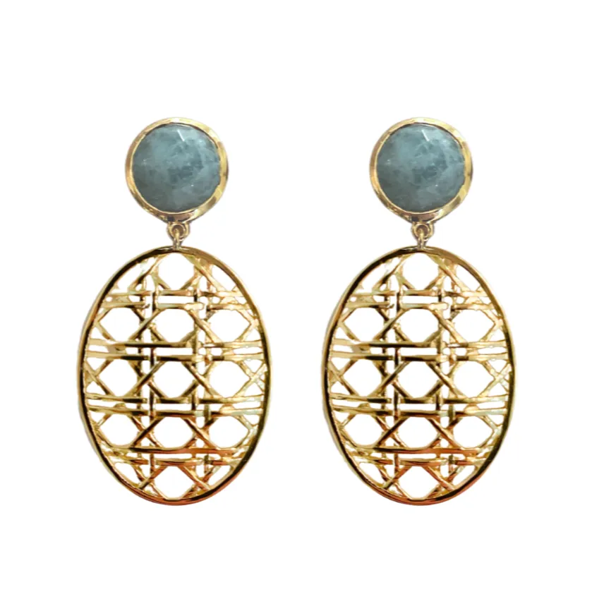 Remy Wicker Gold Oval & Aquamarine Earrings