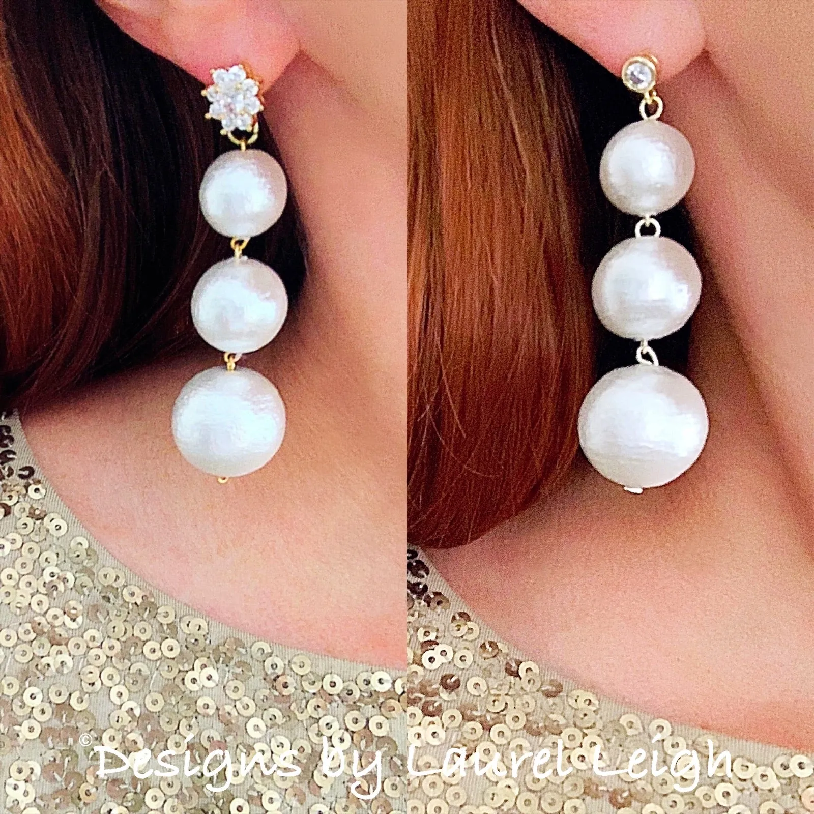 Rhinestone & Graduated Cotton Pearl Bonbon Drop Earrings - 2 Styles