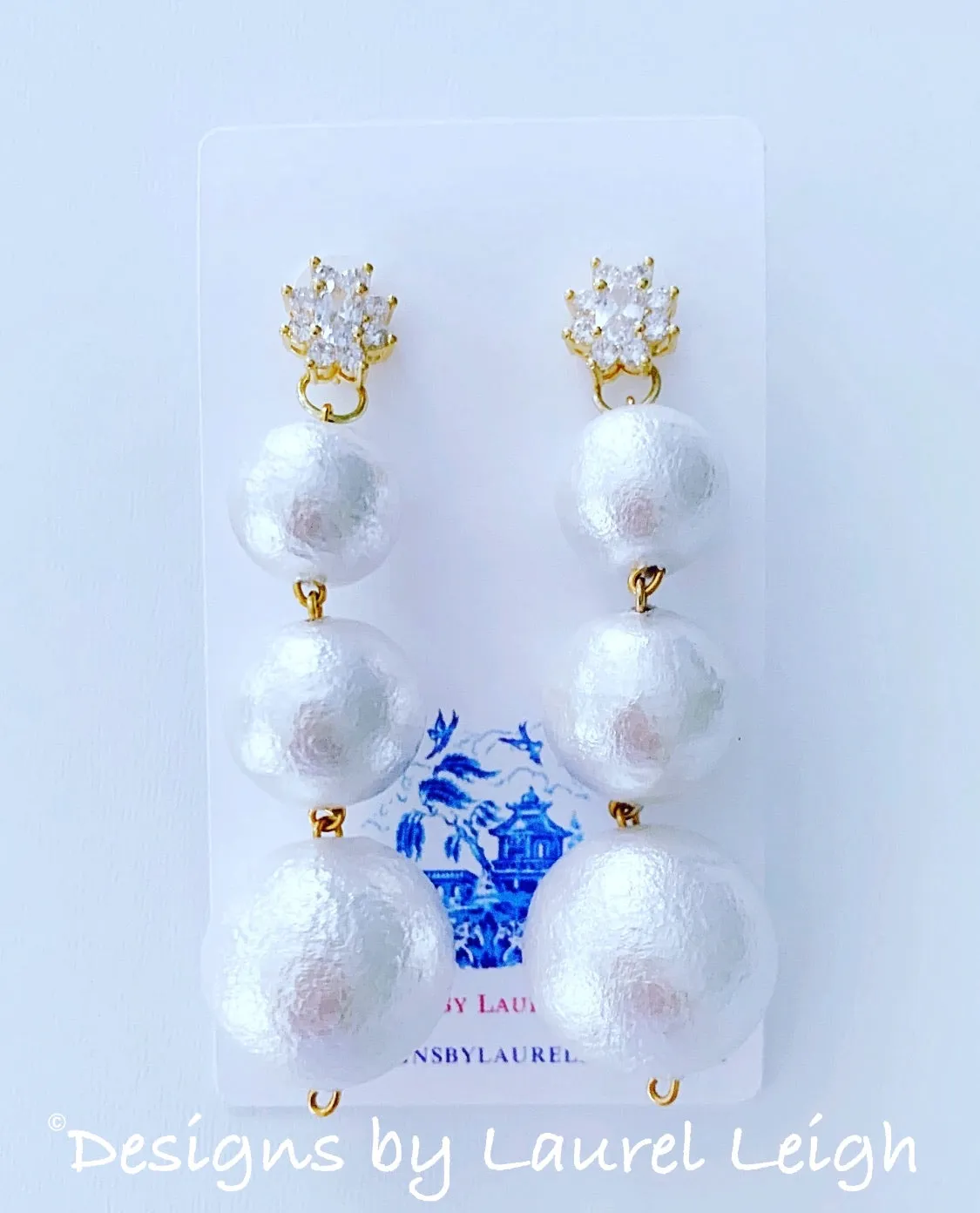 Rhinestone & Graduated Cotton Pearl Bonbon Drop Earrings - 2 Styles