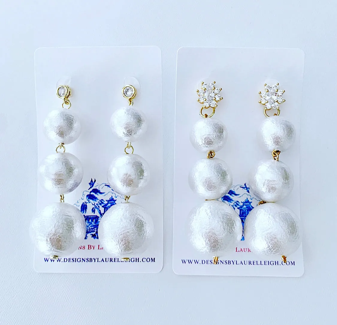 Rhinestone & Graduated Cotton Pearl Bonbon Drop Earrings - 2 Styles