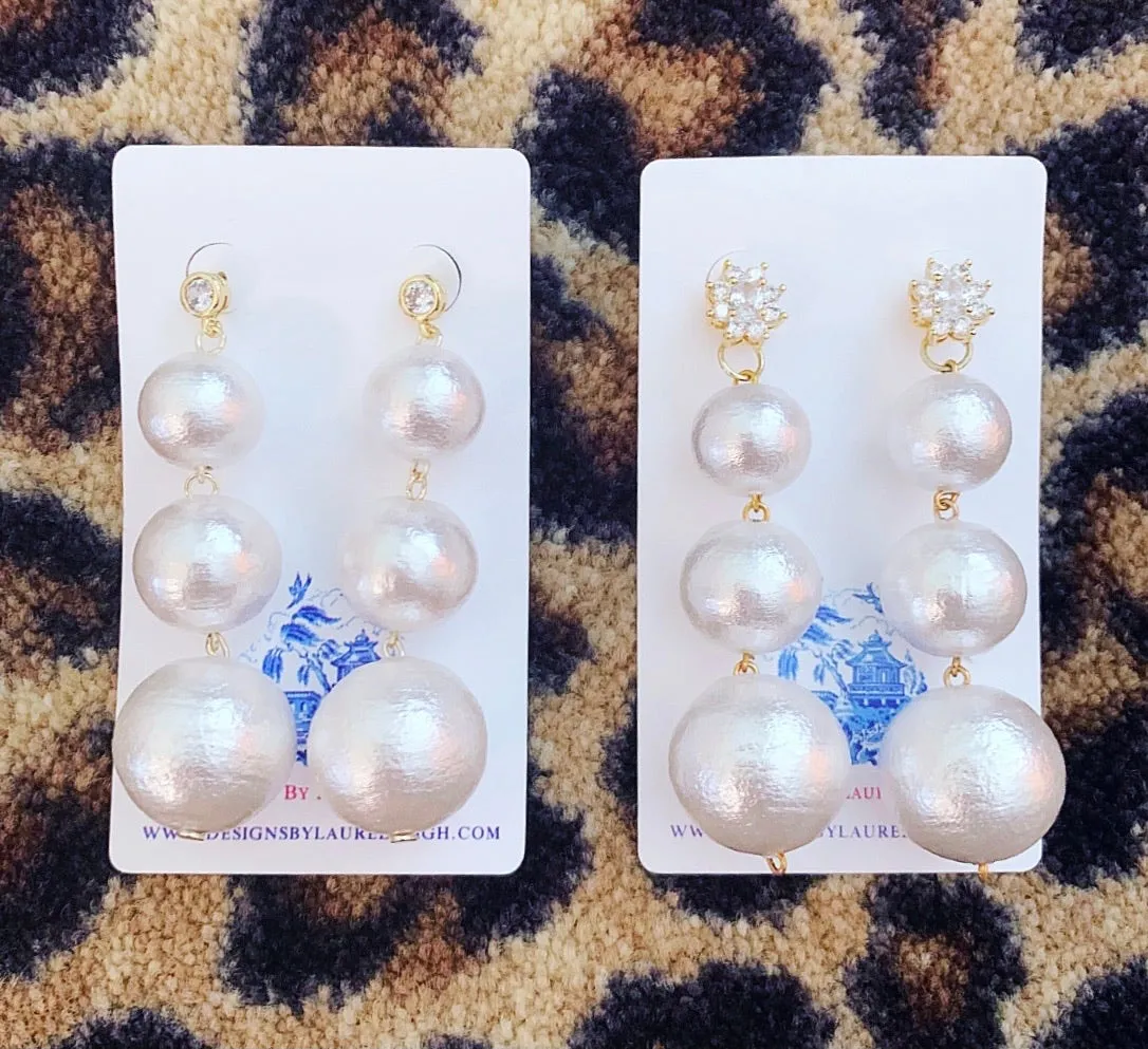 Rhinestone & Graduated Cotton Pearl Bonbon Drop Earrings - 2 Styles