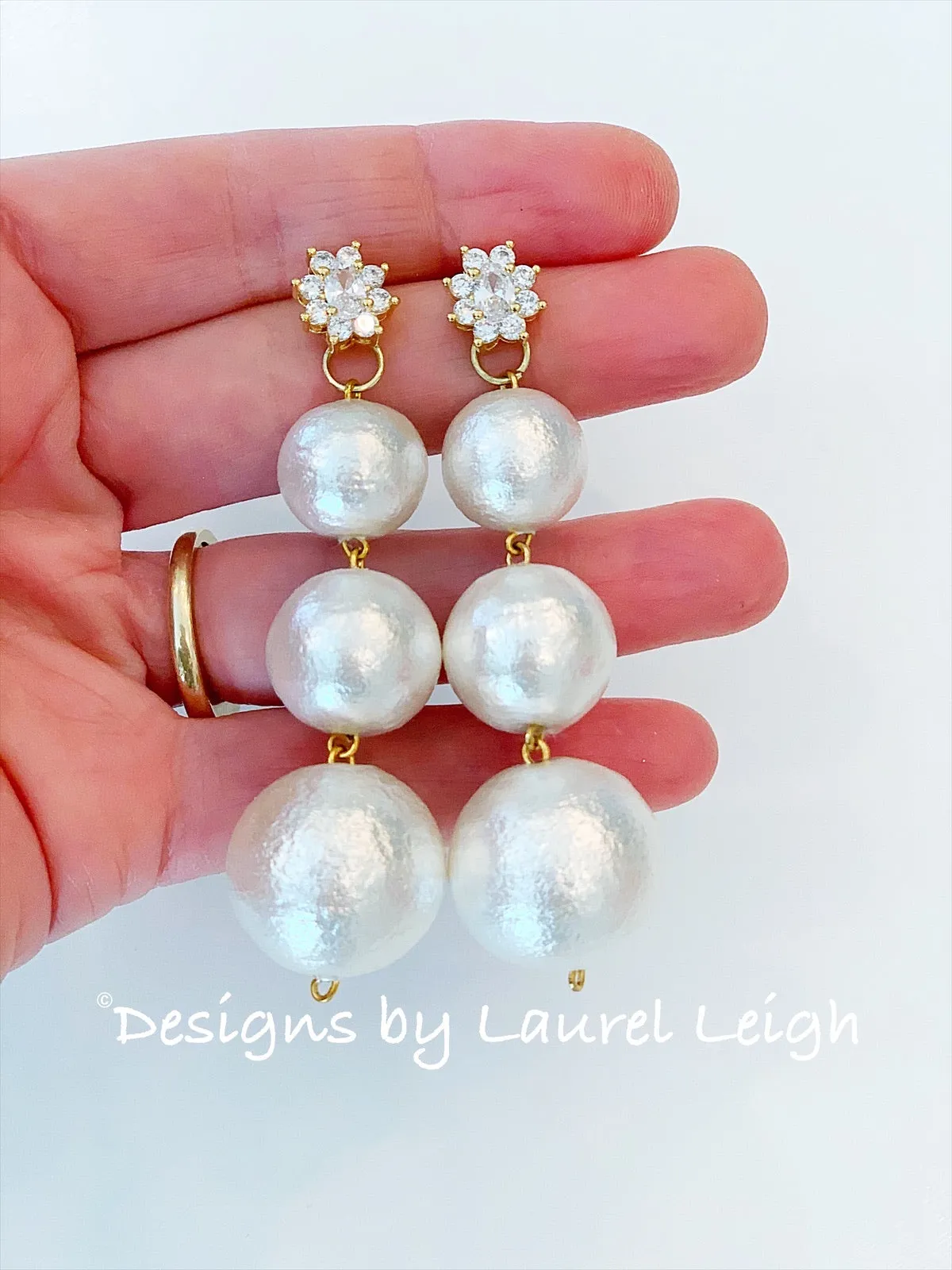 Rhinestone & Graduated Cotton Pearl Bonbon Drop Earrings - 2 Styles