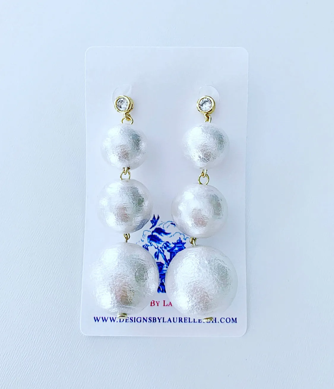 Rhinestone & Graduated Cotton Pearl Bonbon Drop Earrings - 2 Styles