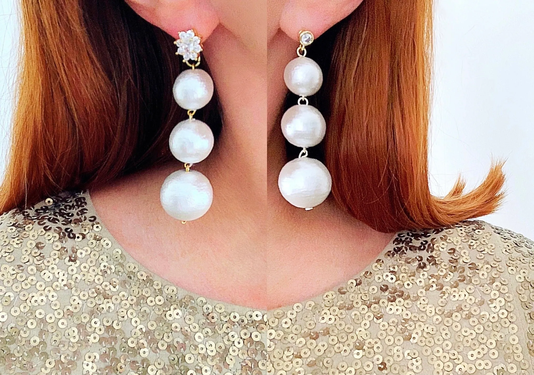 Rhinestone & Graduated Cotton Pearl Bonbon Drop Earrings - 2 Styles