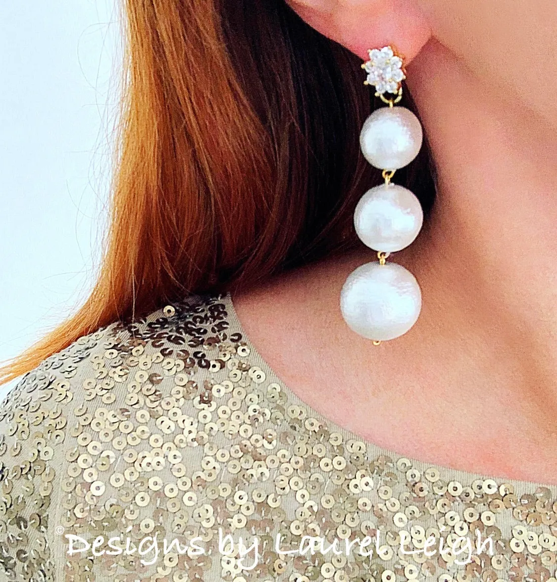 Rhinestone & Graduated Cotton Pearl Bonbon Drop Earrings - 2 Styles