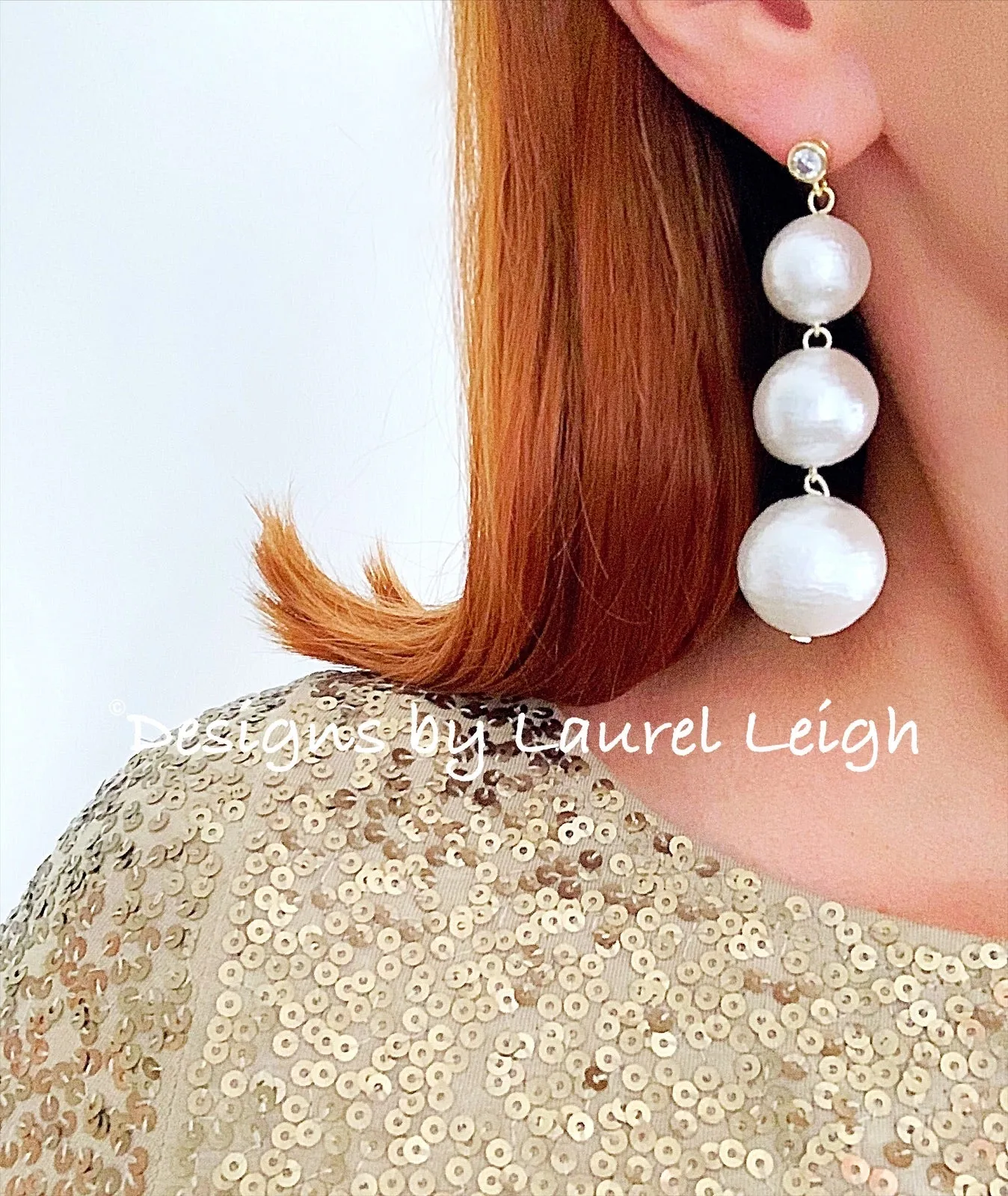 Rhinestone & Graduated Cotton Pearl Bonbon Drop Earrings - 2 Styles