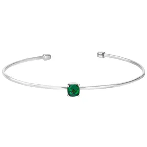 Rhodium Finish Sterling Silver Pliable Cuff Bracelet with Faceted Cushion Cut Simulated Emerald Birth Gem - May