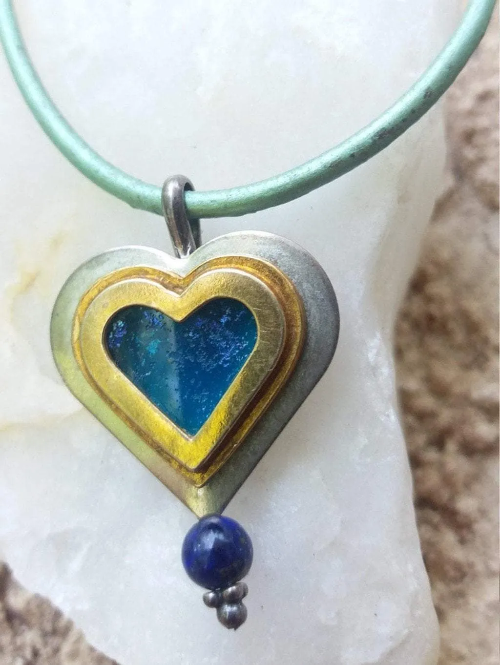 Roman Glass Sterling silver heart pendant necklace for woman.