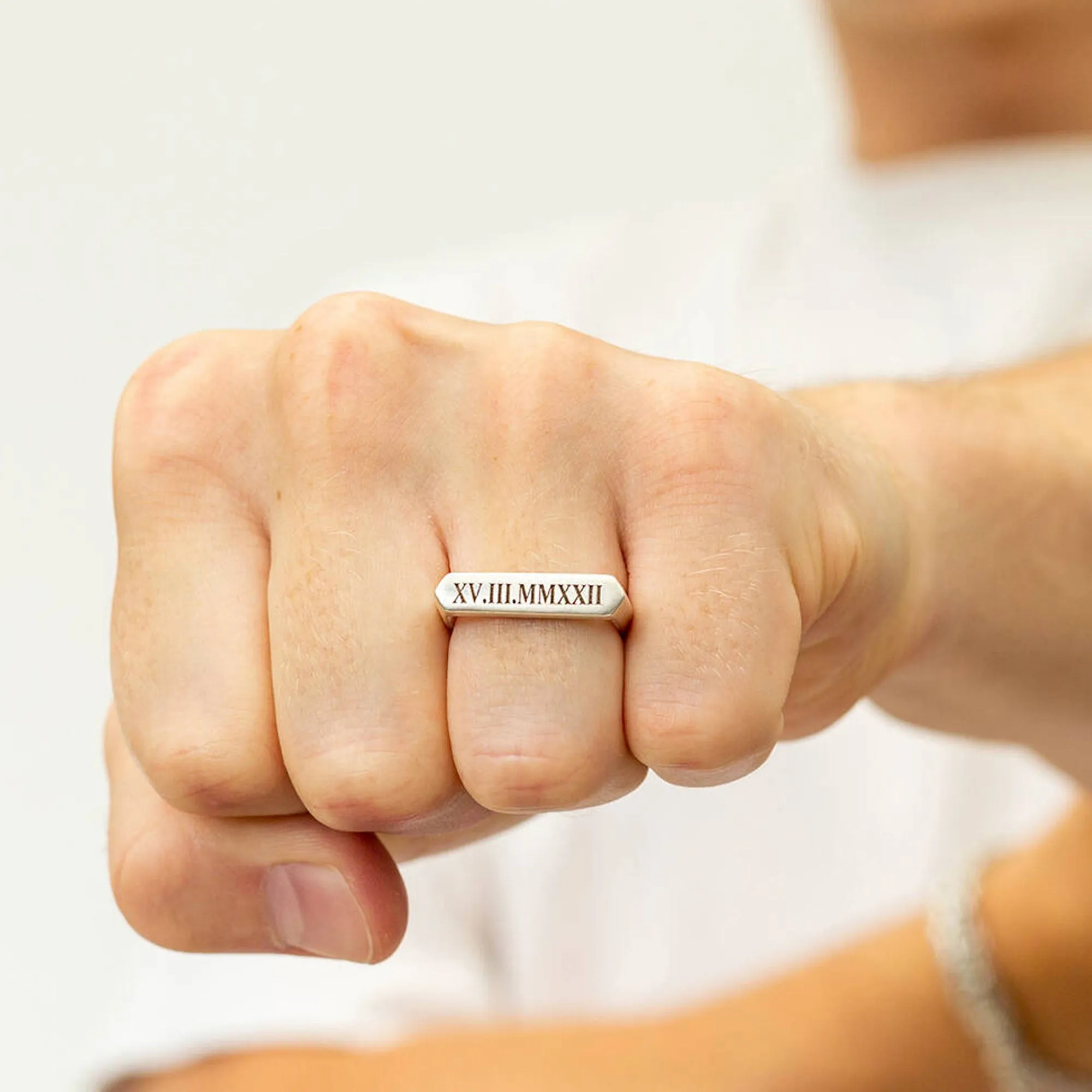 Roman Numerals Bar Silver Signet Ring