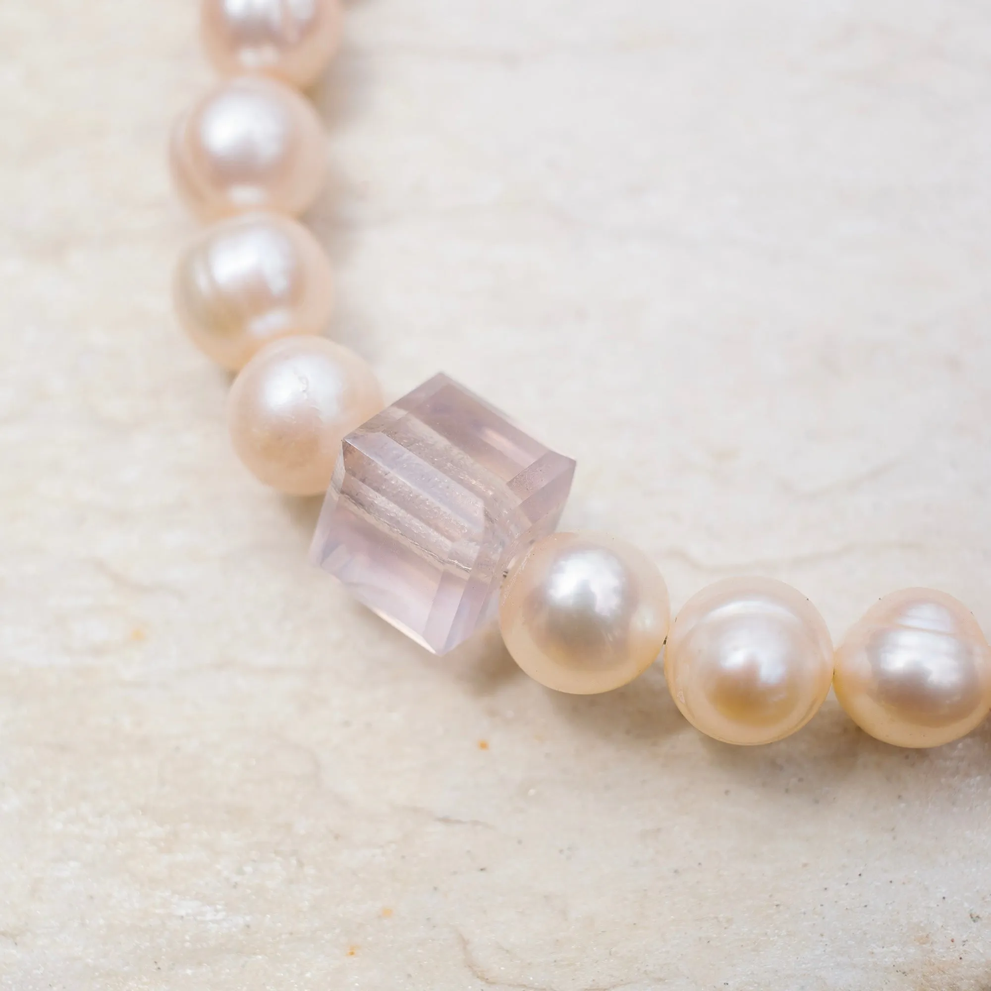 Rose Quartz Cube on Rose Pearls necklace