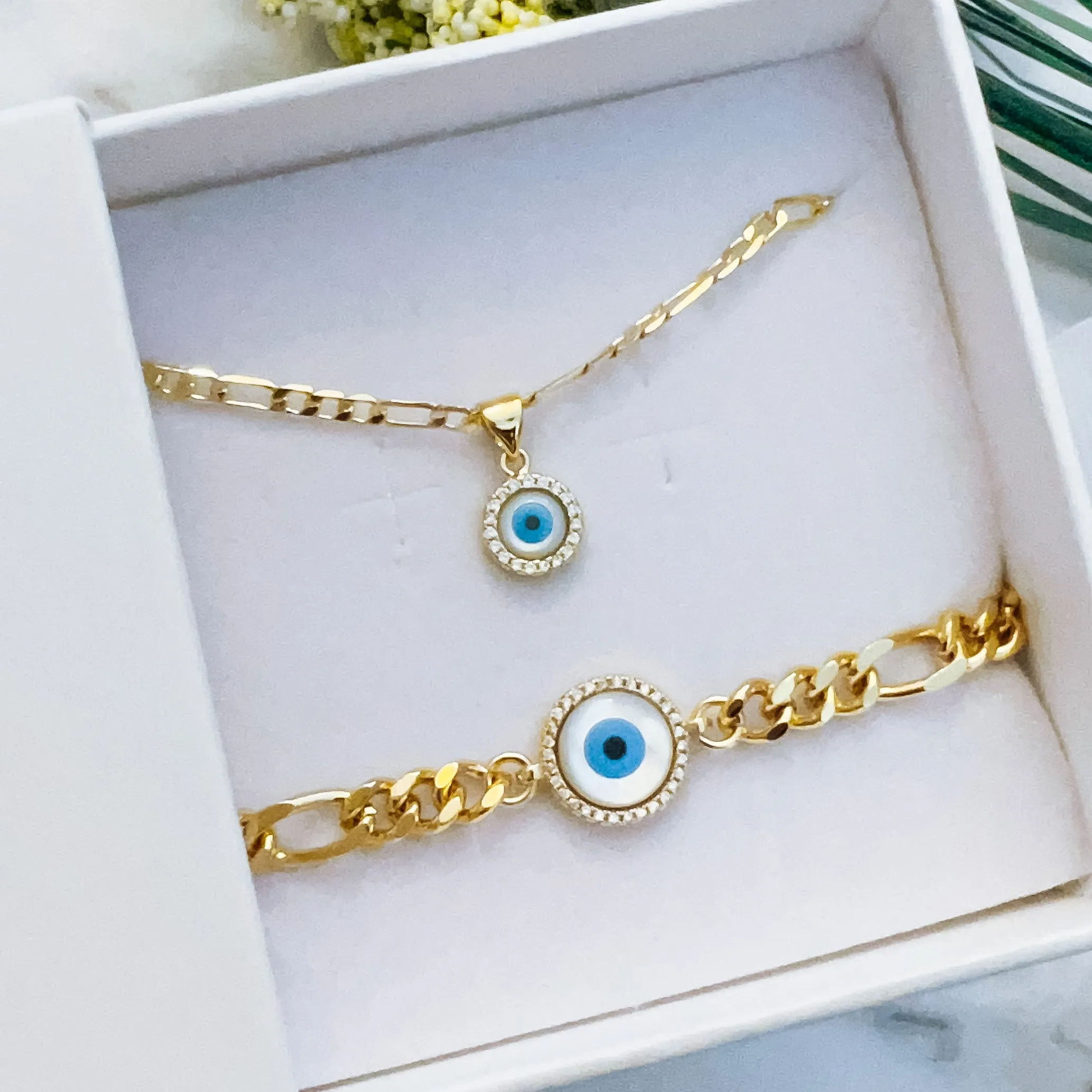 Sapphire Evil Eye Necklace   Bracelet/Anklet Gift Set