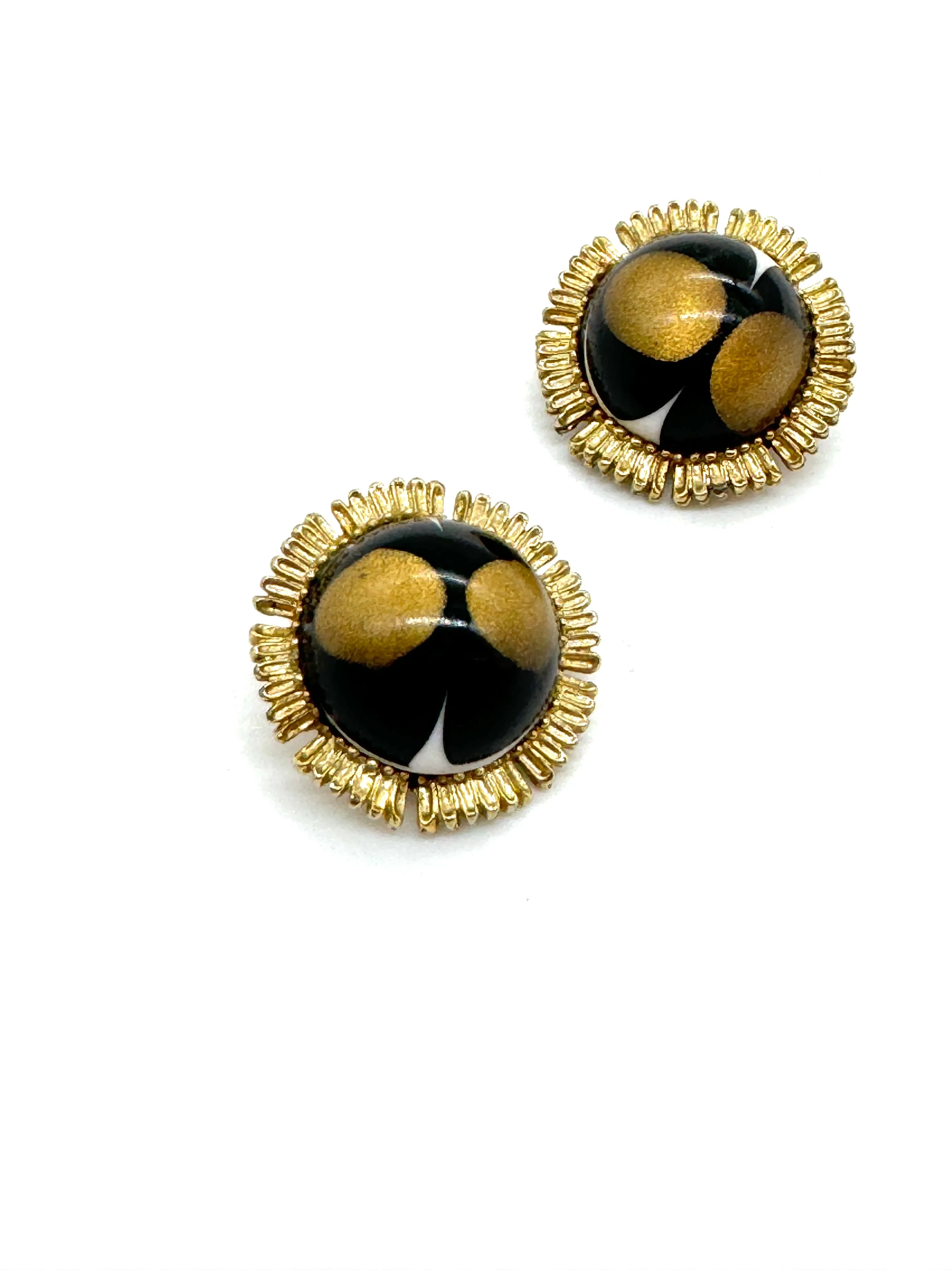 Signed 'Coro' Black & Gold Moonglow Clip On Earrings - Estate