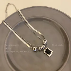 Silver Titanium Steel Zircon Double-layer Necklace for Women