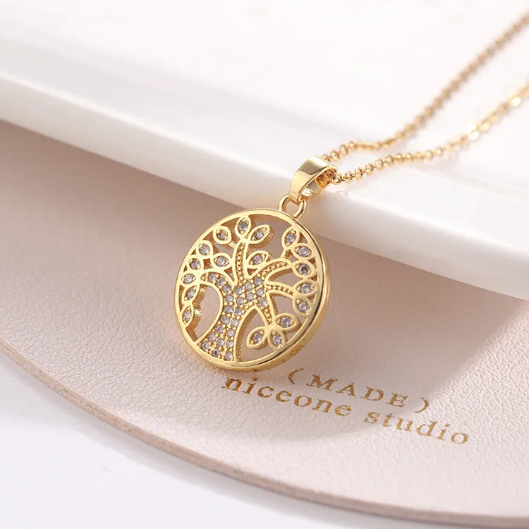 SISSLIA Fashion Jewelry Zircon Copper Plating Gold Titanium Steel Chain Tree of Life Pendant Necklace for Women