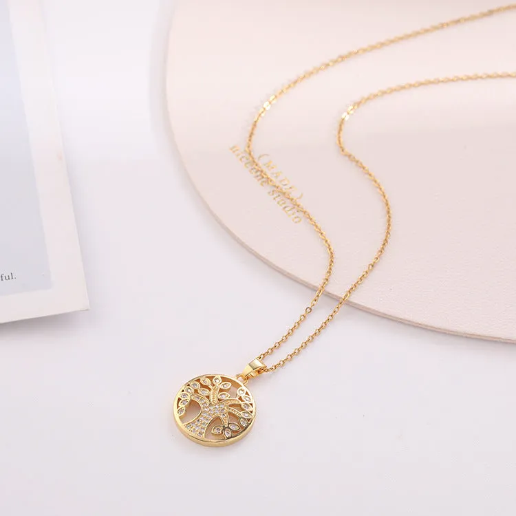 SISSLIA Fashion Jewelry Zircon Copper Plating Gold Titanium Steel Chain Tree of Life Pendant Necklace for Women