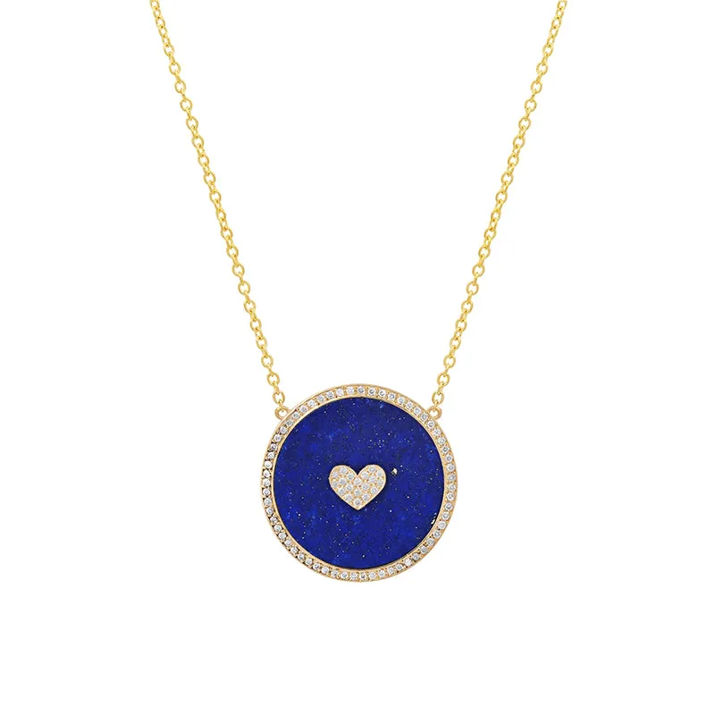 Small Lapis Inlay Circle Necklace with Diamond and Heart Detail