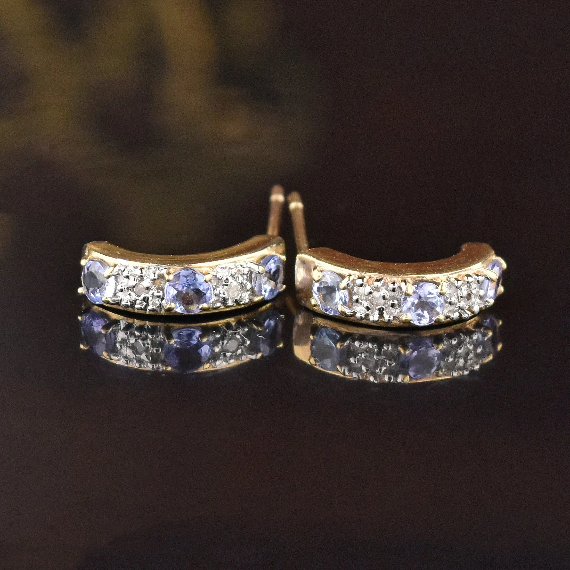 Solid Gold Tanzanite Diamond Huggie Hoop Earrings