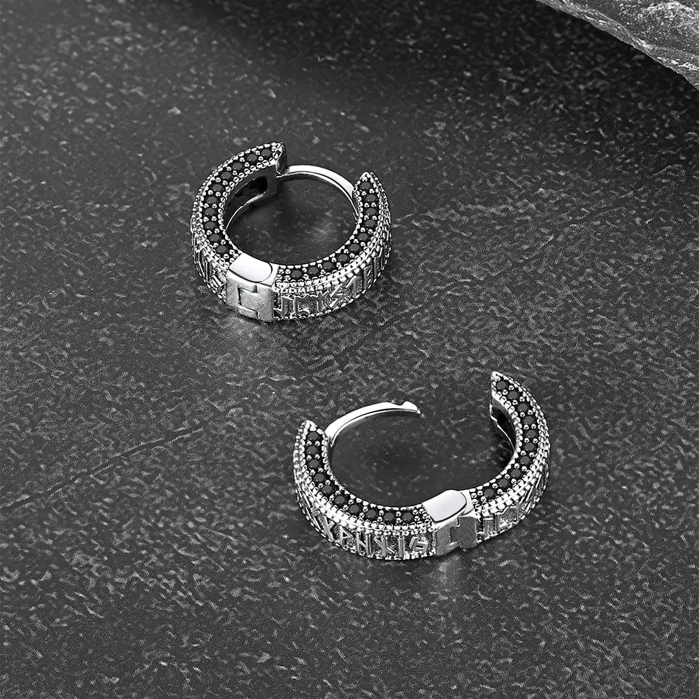 Sterling Silver Viking Runes Hoop Earrings With CZ for Men