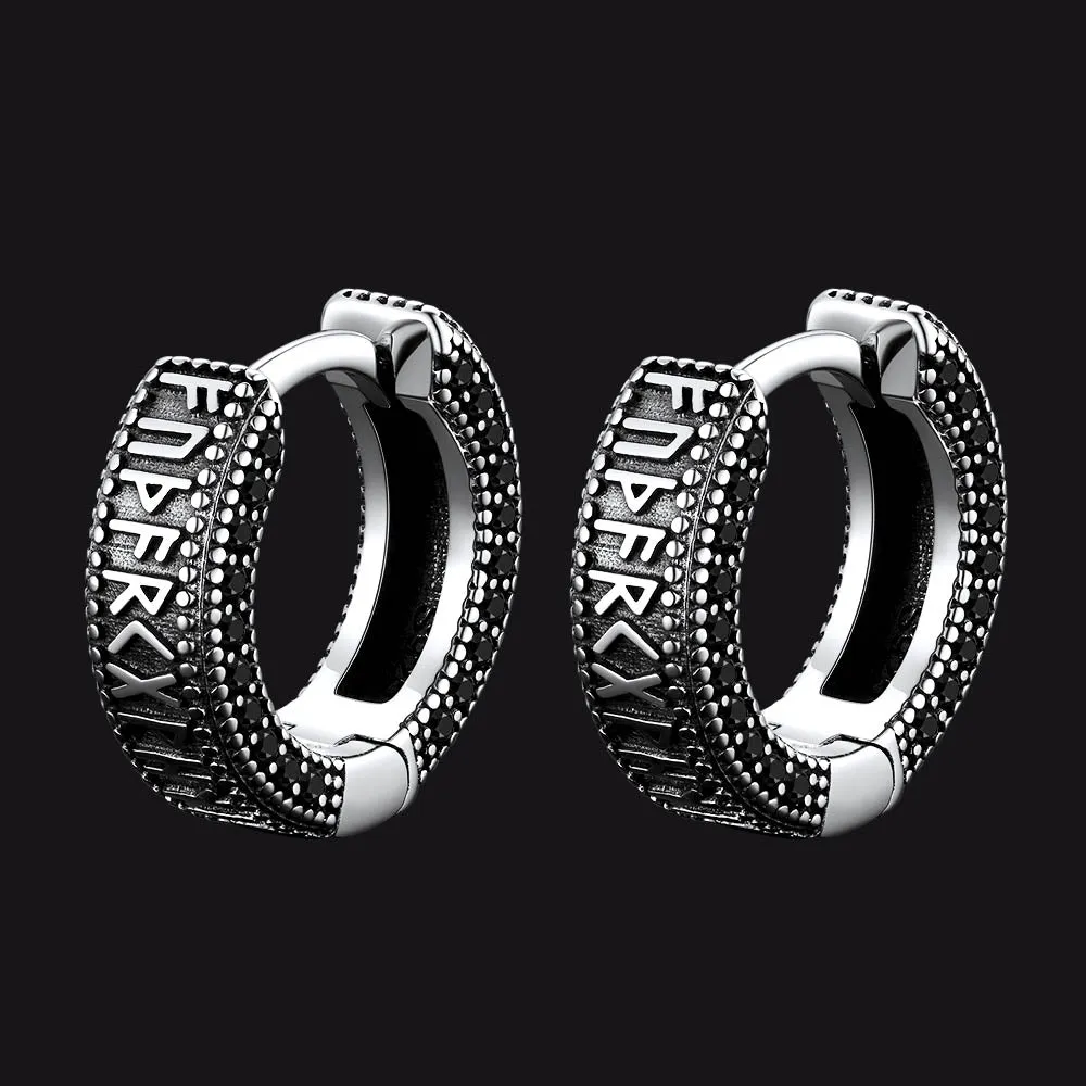 Sterling Silver Viking Runes Hoop Earrings With CZ for Men