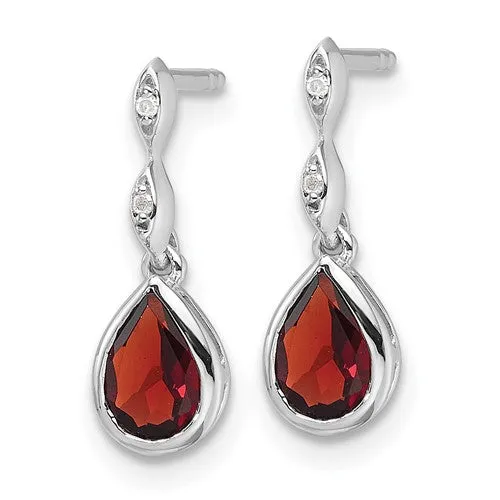 Sterling Silver White Ice Diamond and Garnet Teardrop Earrings