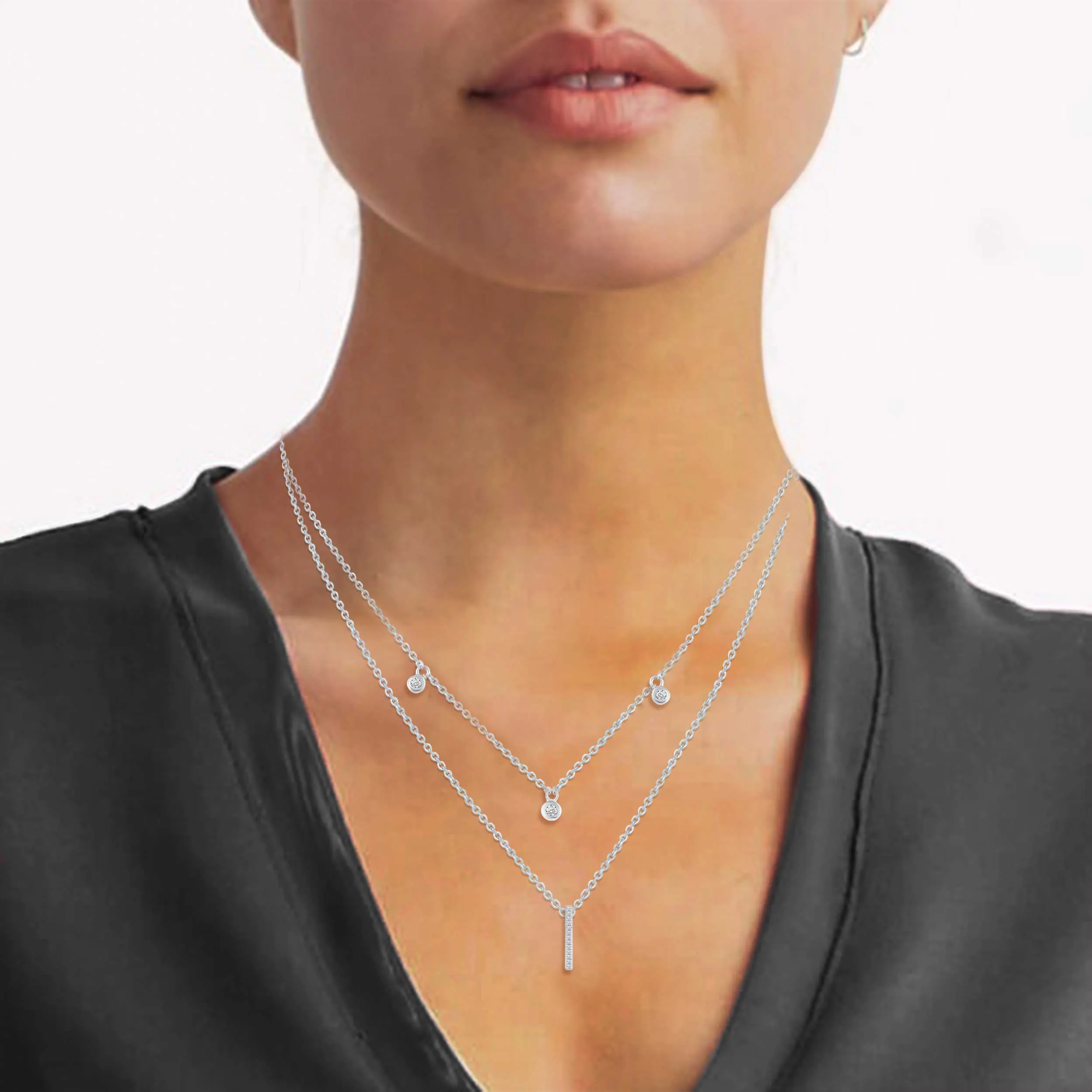 Three Stone Stations and Bar Layered 1/10 Cttw Natural Diamond Pendant Necklace set in 925 Sterling Silver