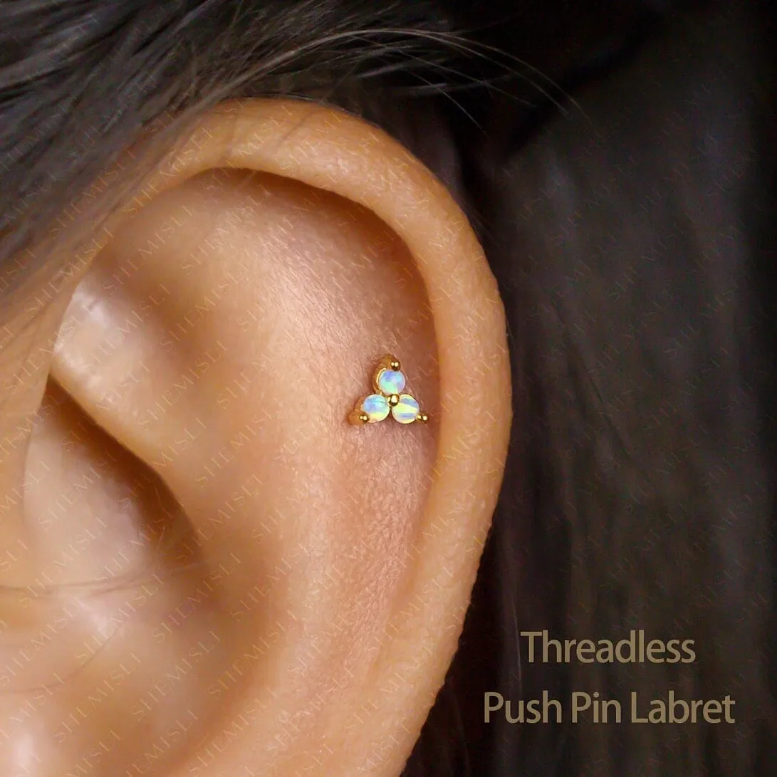 Tiny 3-Petal Opal Flower Threadless Flat Back Earrings, 20,18,16ga, 5-10mm, Unisex, Surgical Steel, SHEMISLI SS546