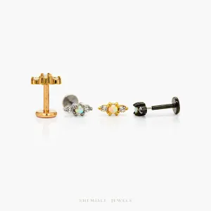 Tiny 3 Stones, Opal and White Stones, Threadless Flat Back Earrings, 20,18,16ga, 5-10mm Unisex, Surgical Steel SHEMISLI SS895