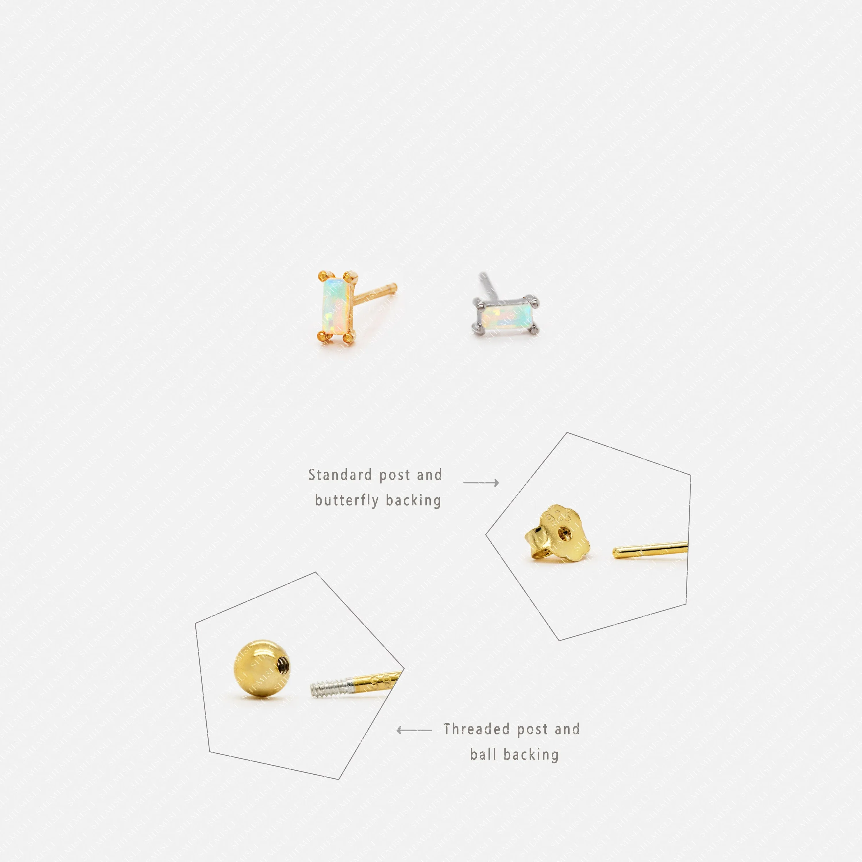 Tiny Opal Baguette Stud Earrings, Unisex, Gold, Silver SHEMISLI SS008 Butterfly End, SS459 Screw Ball End (Type A)