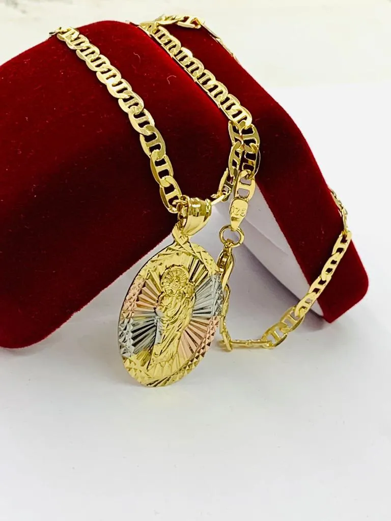 Tri Color Diamond Cut Saint Jude Pendant Necklace Religious Jewelry Protection Mens Womens Gold Filled