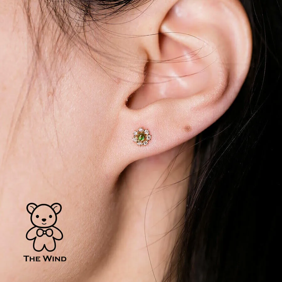 Tsavorite & Diamond Halo Stud Earrings 18K Yellow Gold