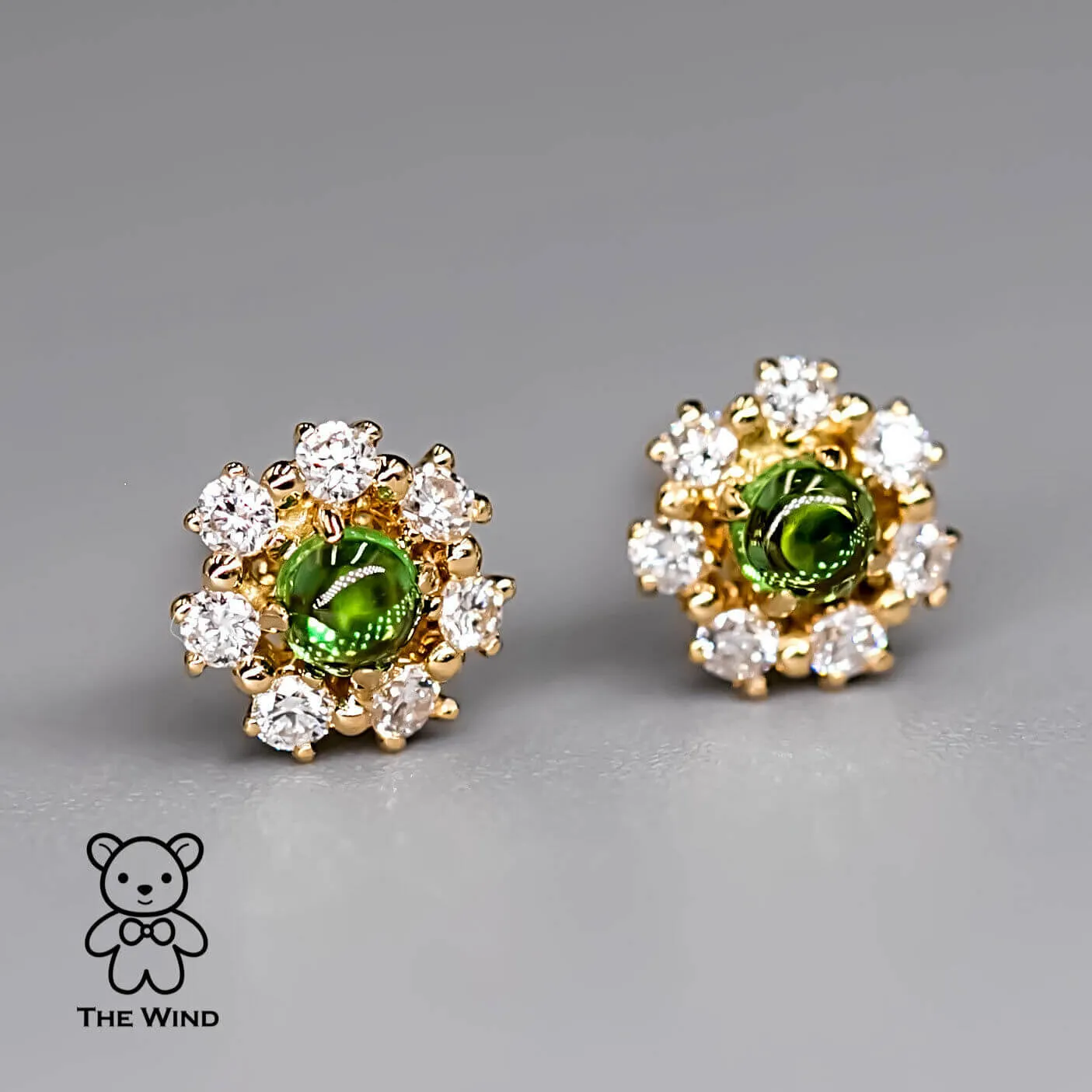 Tsavorite & Diamond Halo Stud Earrings 18K Yellow Gold