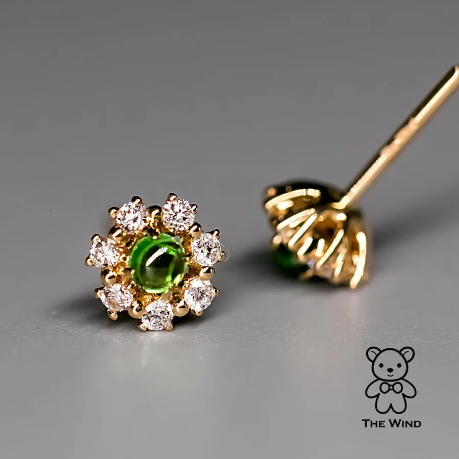 Tsavorite & Diamond Halo Stud Earrings 18K Yellow Gold