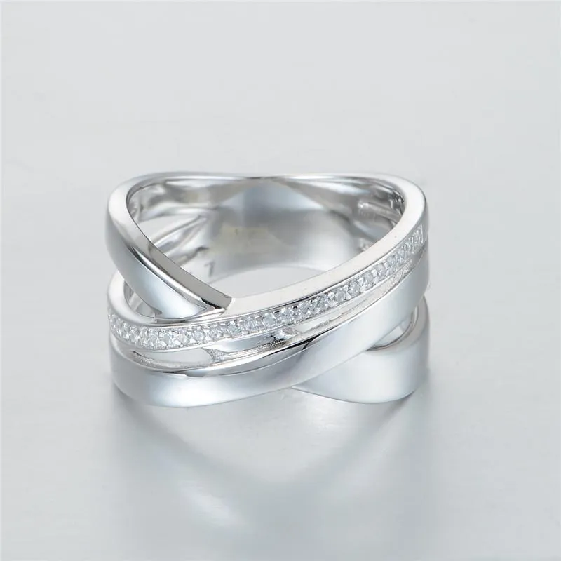 Unisex Trendy Style 925 Sterling Silver Clear Crystal Wedding Ring Band