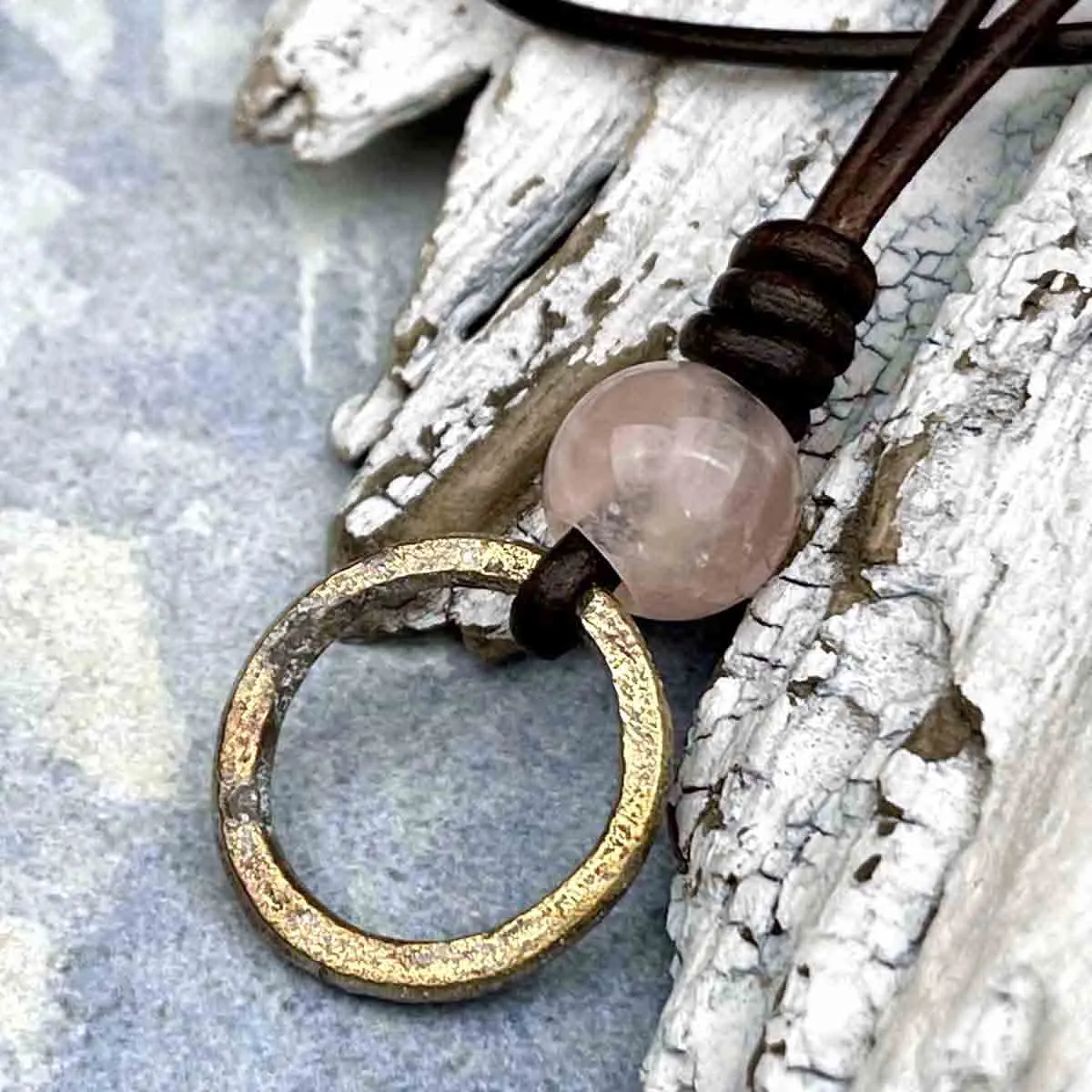 Variegated Warm Bronze Celtic Ring Money & Genuine Rose Quartz Leather Necklace | Artifact #8370