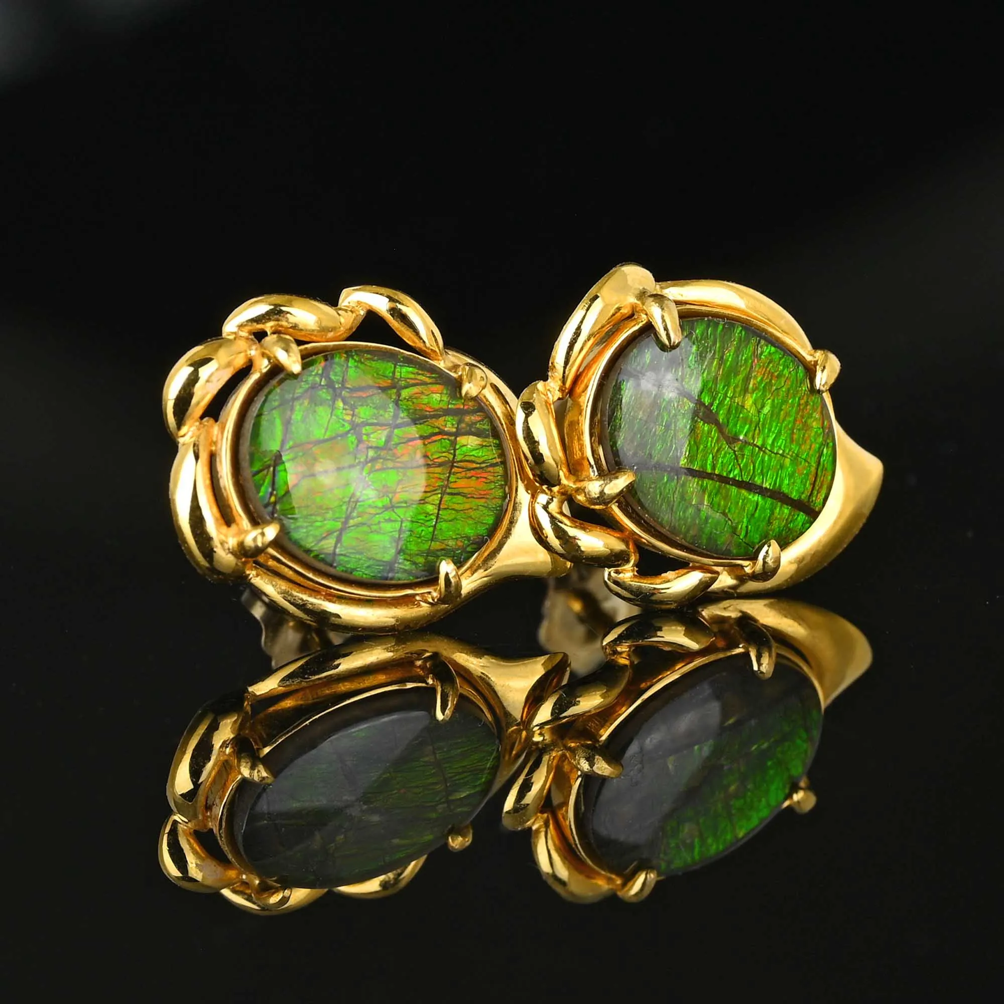 Vintage 14K Gold Ammolite Cabochon Stud Earrings