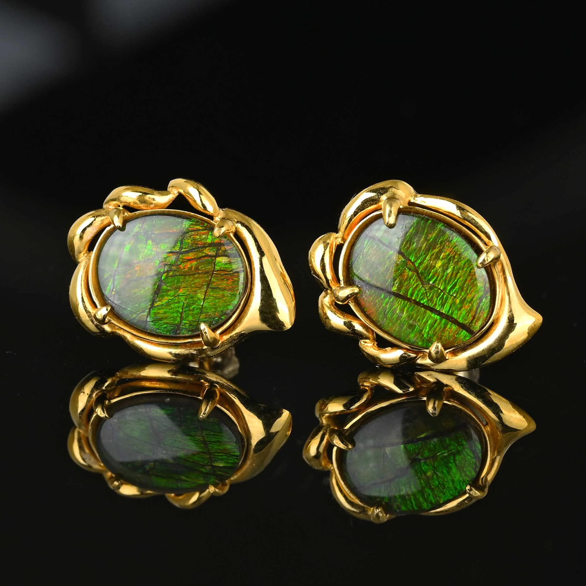 Vintage 14K Gold Ammolite Cabochon Stud Earrings