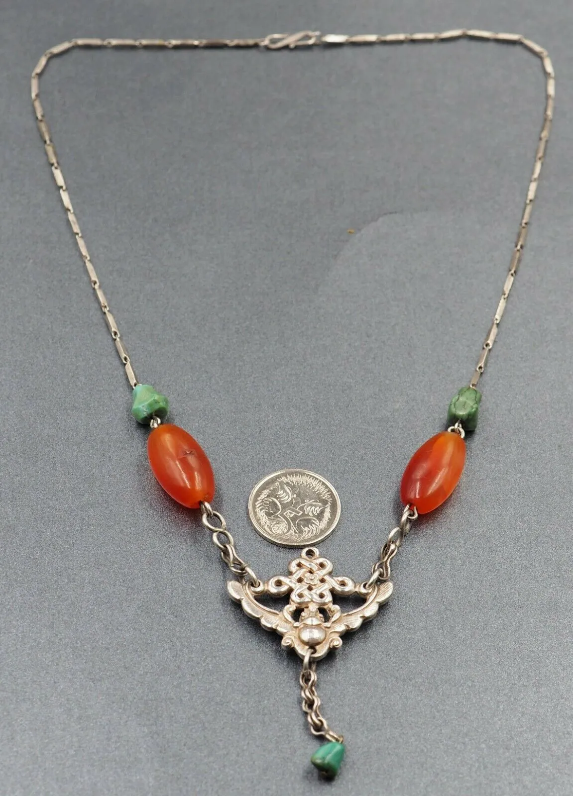 Vintage Carnelian & Turquoise Sterling Silver Necklace