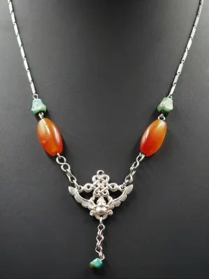 Vintage Carnelian & Turquoise Sterling Silver Necklace